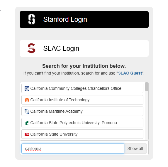 image of the login screen with an example of Institutional search